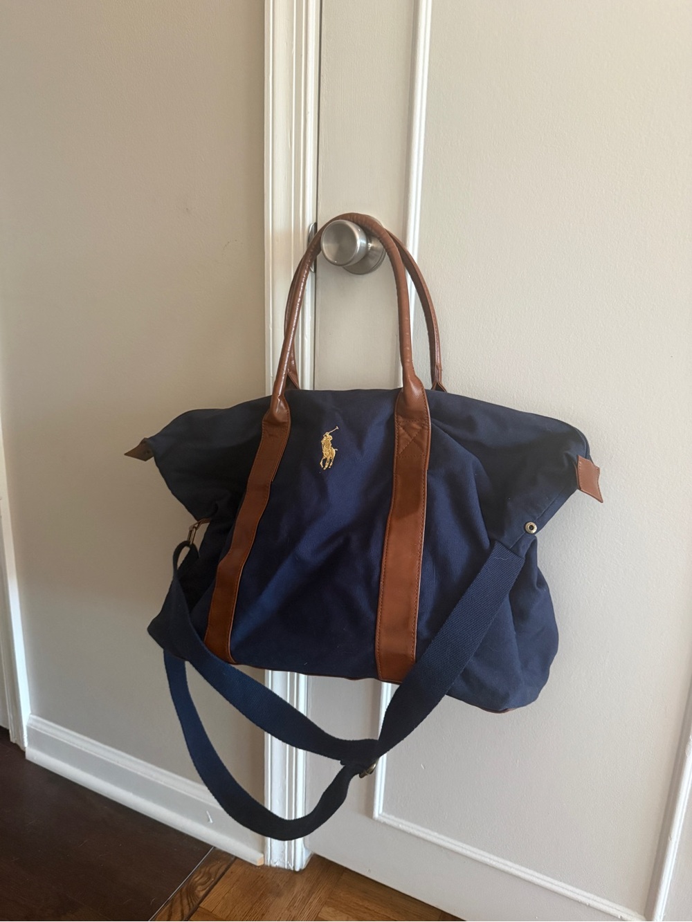 Ralph Lauren Navy Canvas Duffel with Brown Leather Trim